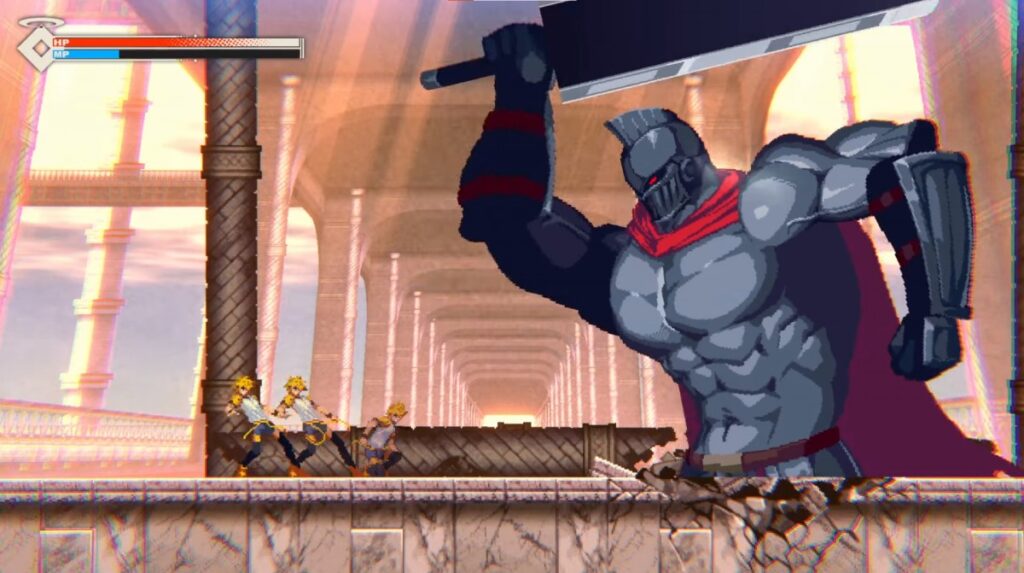 A giant granite knight gets stuck in the floor as he tries to kill Lenga.