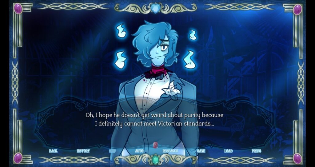 The beheaded ghost of Elias Gallagher floats in front of the player, while the player remarks: "Oh, I hope he doesn't get weird about purity because I definitely cannot meet Victorian standards..." from the gay visual novel "The Groom of Gallagher Mansion."