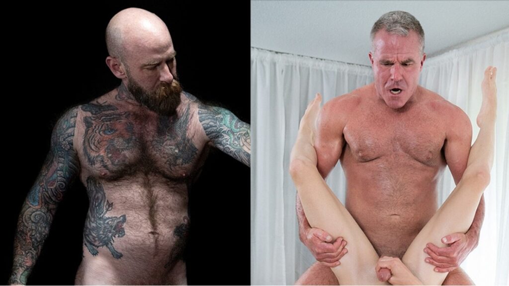 A diptych of two daddies: Jack Dixon a burly caucasian male nude to the waist with a bald head, ginger mustache and beard heavily tattooed and exceptionally hairy. Dale Savage, a salt and pepper older male with a furrowed brow, nude with a hairy chest. Dale is mid-intercourse with Austin Young (legs and penis only visible), Austin has visibly recently ejaculated.
