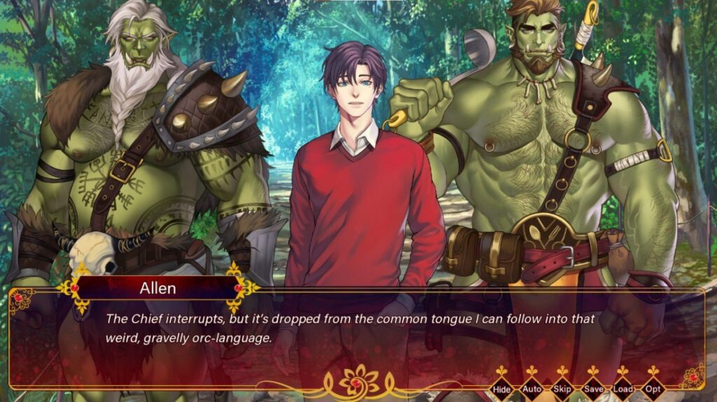 Allen is caught between two beefy orcs talking in their native tongue.