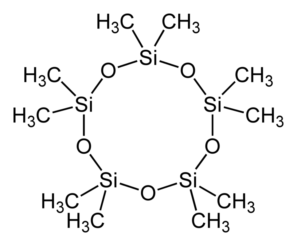 The chemical structure of decamethylcyclopentasiloxane (commonly known as cylcopentasiloxane). It is a ring made of five Si-O bonds with each Si bonded to two methyl (CH3) groups.
