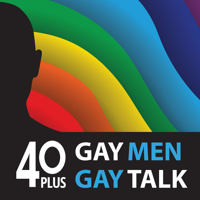 A logo for '40 Plus: Gay Men. Gay Talk.' The image shows a wobbly rainbow in the background with the outline of host Rick Clemons in complete black on the left hand side.