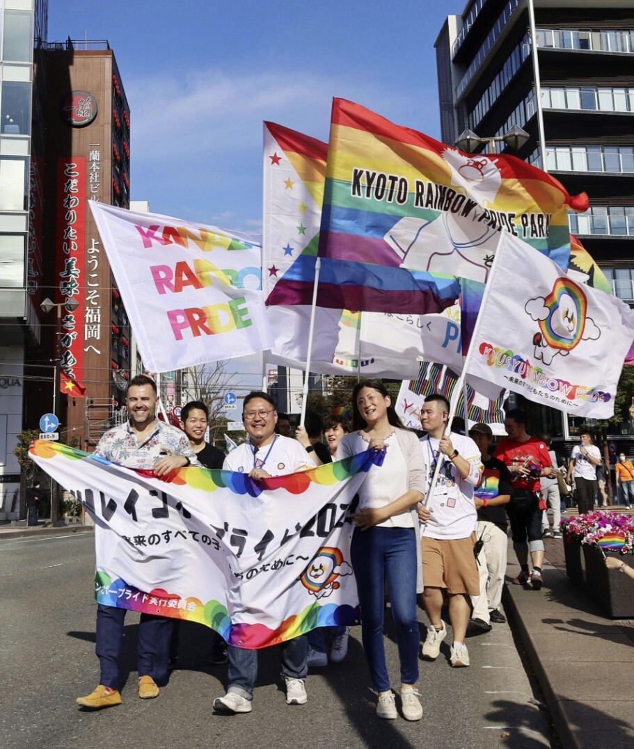 People take part in the Rainbow Parade in Fukuoka to promote understanding for LGBTQ and other sexual minorities. (via Kyodo)